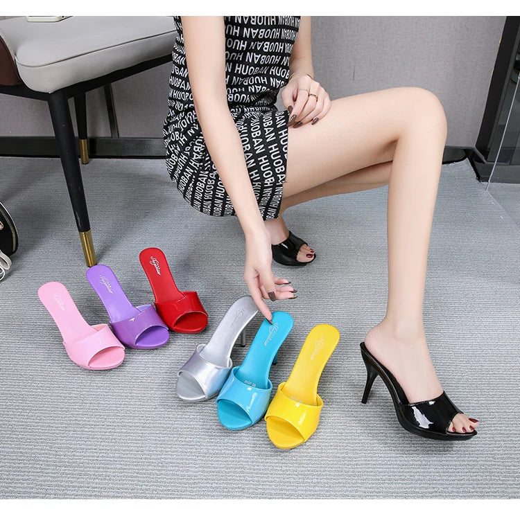 2024 New Summer Slippers Women Mixed Colors Fine Heel 9cm 13cm Outside Slipper Sandal Platform Sexy Slipper Women Shoes Slides
