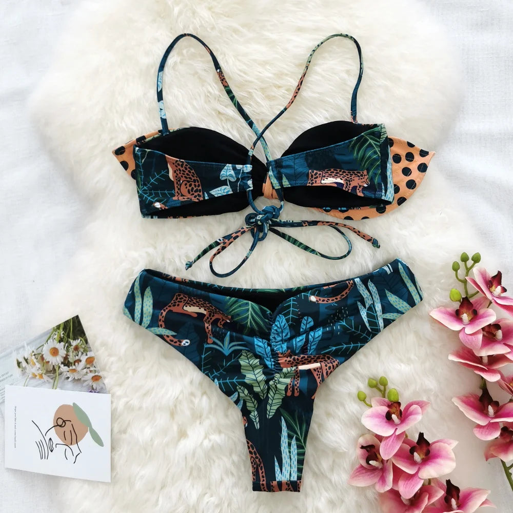 Sexy Print Brazilian Bikini Strappy Two Pieces Bikini Set Women Swimwear Low Wiast Dots Swimsuit Bikinis 2023 conjunto femenino