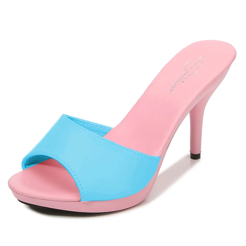 2024 New Summer Slippers Women Mixed Colors Fine Heel 9cm 13cm Outside Slipper Sandal Platform Sexy Slipper Women Shoes Slides