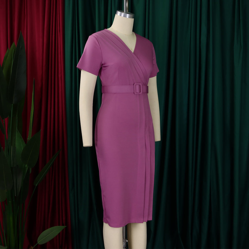 Women Elegant Bodycon Dress Short Sleeves Wrap V Neck Modest Waist Belt Church Dress Outfits Female Summer African Classy Gowns