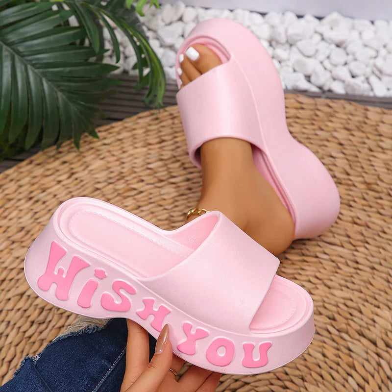 Fashion Letter Print Platform Slippers Women EVA Soft Thick Bottom Wedge Sandals for Woman Summer Non Slip Outdoor Beach Slides