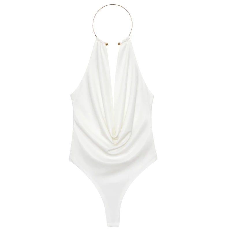 HXAO Brown Halter Bodysuit Women Summer Bodys For Sexy Women Off Shoulder Sleeveless Thong Bodysuit With Open Back Rave Bodysuit