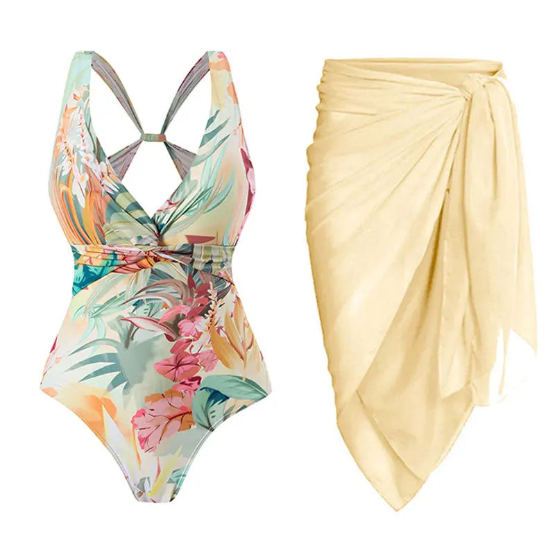 One-piece Bikini Set 2026 Women Floral Print V-neck Swimsuit Sexy High Waist Beach Skirt Bathing Suit Swimwear Summer Monokini