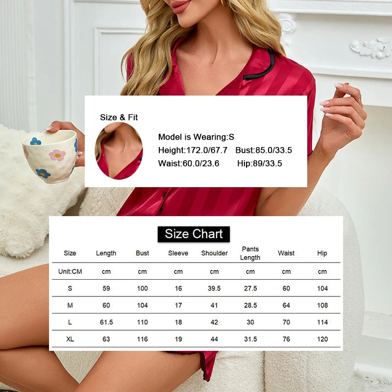 Women's Pajama Set Summer Satin Striped Short Sleeve Top With Shorts Pajamas Casual Two Piece Set Victoria Style Pajama Homewear