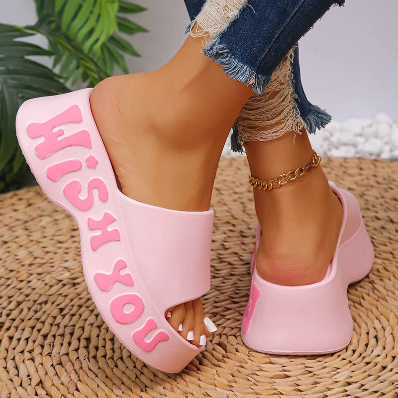 Fashion Letter Print Platform Slippers Women EVA Soft Thick Bottom Wedge Sandals for Woman Summer Non Slip Outdoor Beach Slides