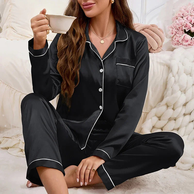 2026 New Women's Pajamas Autumn Luxurious Satin Long Sleeve Pajama Set Elegant Lapel Collar Top Long Pants Sleepwear Loungewear