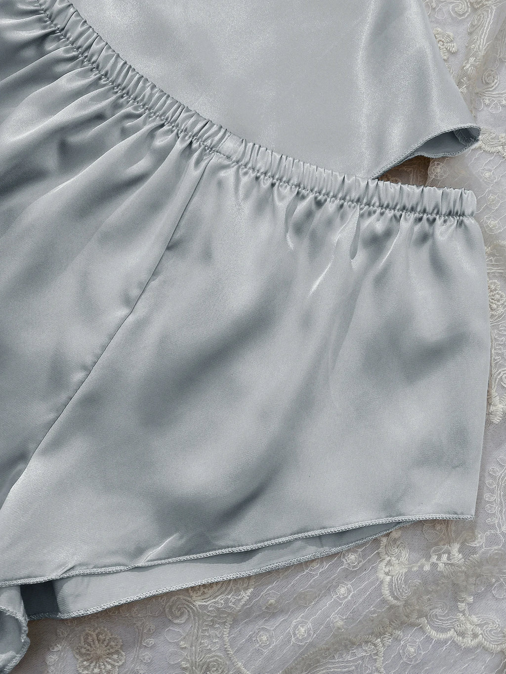 Solid Satin Pajama Set  V Neck Cami Top   Elastic Waistband Shorts Women's Sleepwear  Loungewear