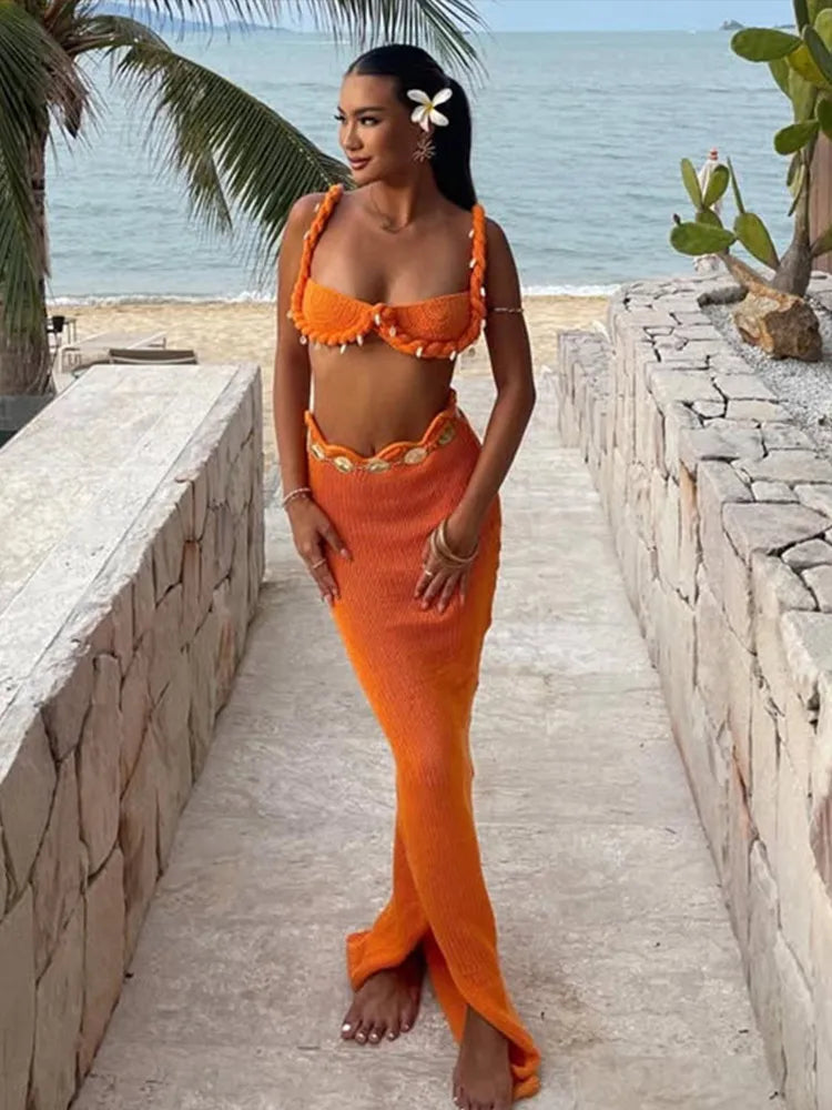 Shell Knitted Bikini Vest Halter Top Split Fishtail Skirt 2 PCS Set Crochet Beach Swimsuit Sexy Slimming Women Suspender Skirts