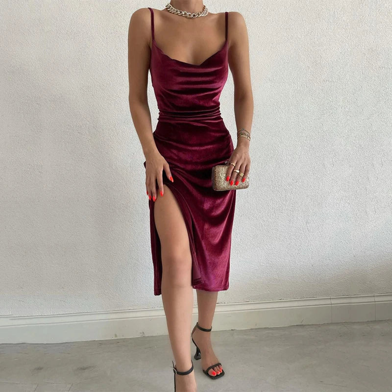 Hugcitar Velvet Swing Collar Sleeveless Slip Sexy Slit Maxi Dress 2025 New Fashion Evening Party Women Elegant Streetwear Y2K