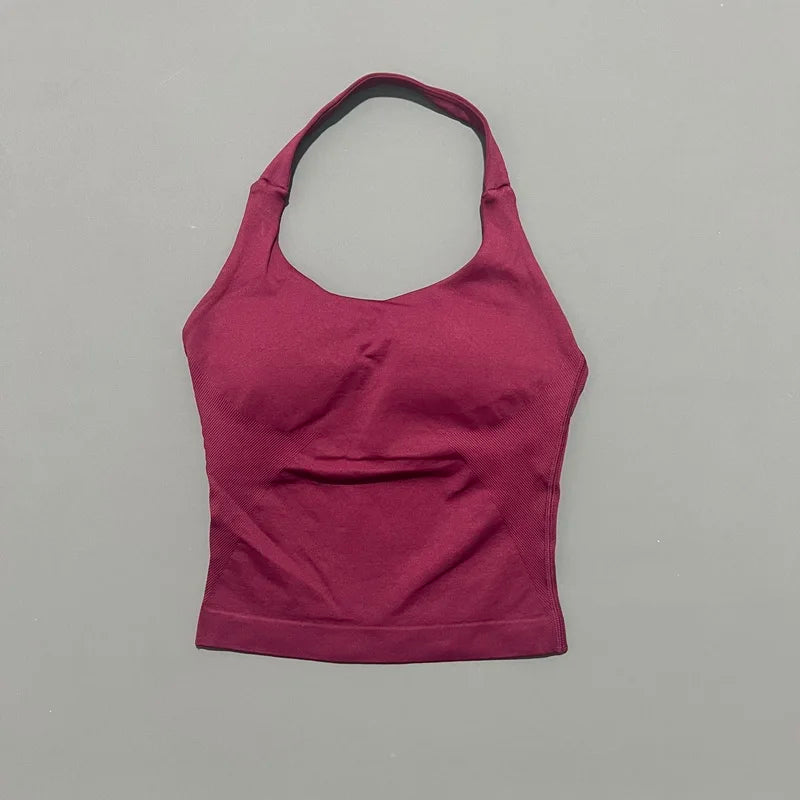 HISTELLO Impact Halter Top Women Backless Push Up Seamless High Support Bust Lift Slim Fit Gym Pilates Fitness Sports Vest