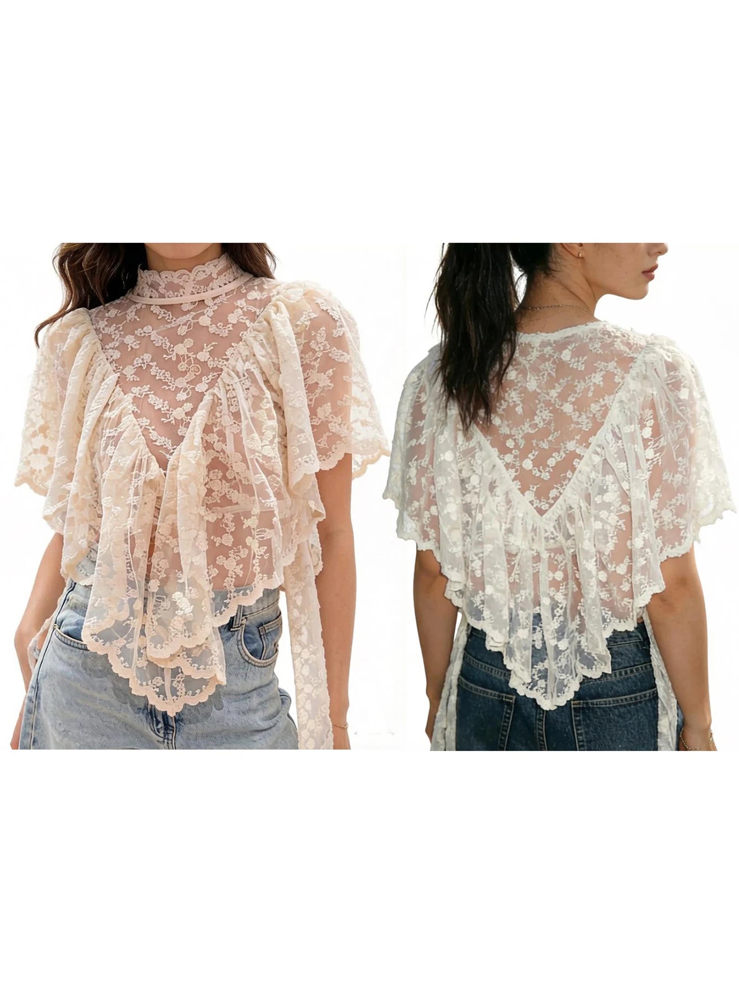 Women Y2K Fairy Mesh See Through Casual High Neck Looseshawls Floral Lace Embroidery Shawl Tops Asymmetrical Streetwear