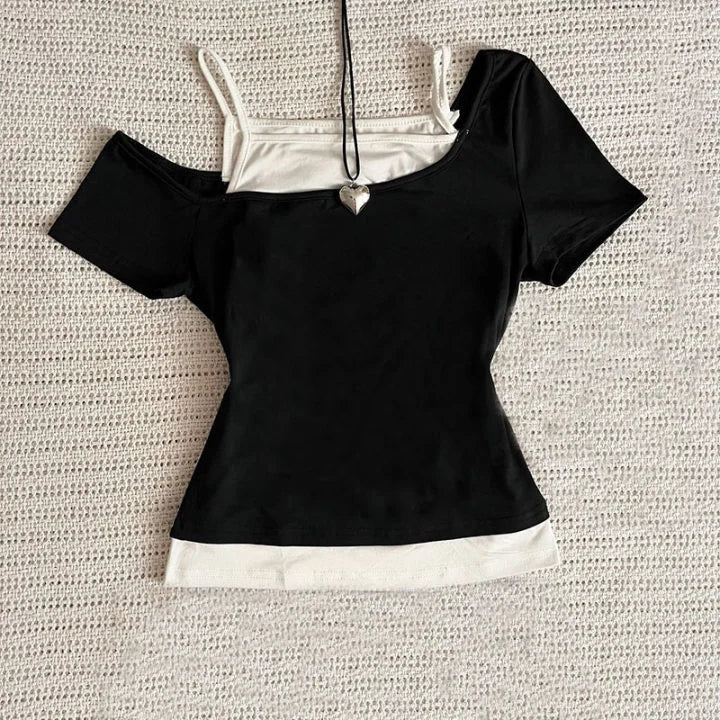 90s retro clothing women's T-shirt punk sexy short sleeved summer streetwear spicy girl gothic slim fit fake two-piece crop top