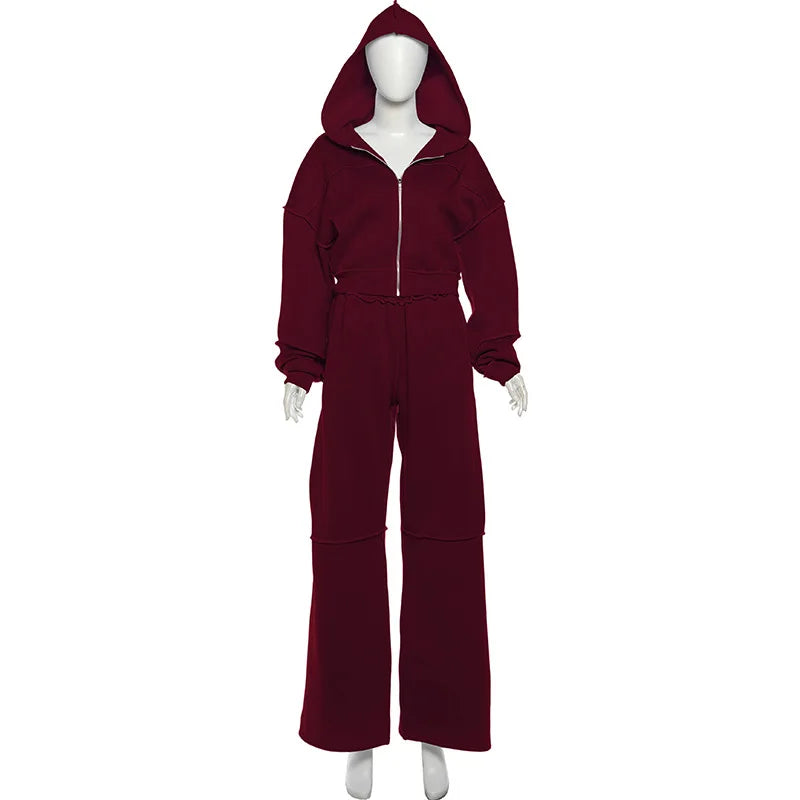 Autumn Winter Casual Hoodie Two Piece Set Women Trendy Sports Style Hooded Cardigan Wide Legs Trousers 2 Piece Sets Female New