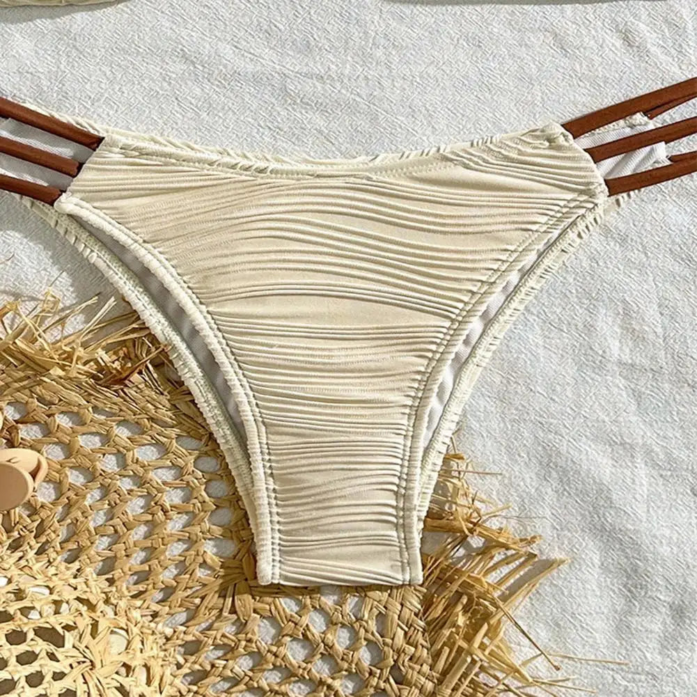 2Pcs/Set Women Split Swimsuit Bikini Set Sling Bandeau Padded Bra Wrinkle Texture Briefs Set Fashion Sexy Beachwear