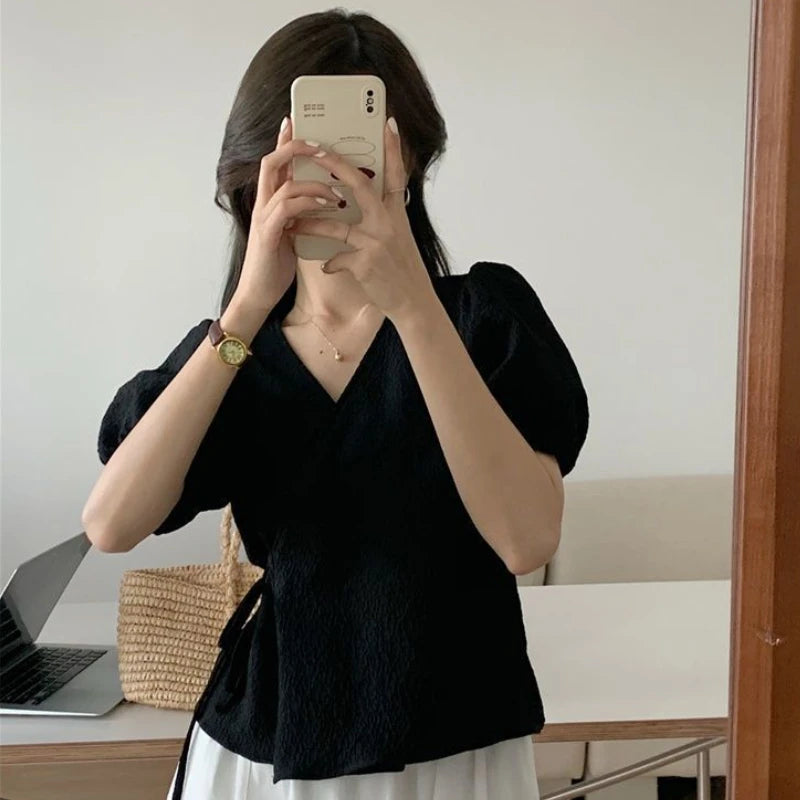 Blouses Women Summer Korean Style V-neck Design Simple Puff Sleeve Leisure Lace-up All-match Vintage Elegant Daily Trendy Tops