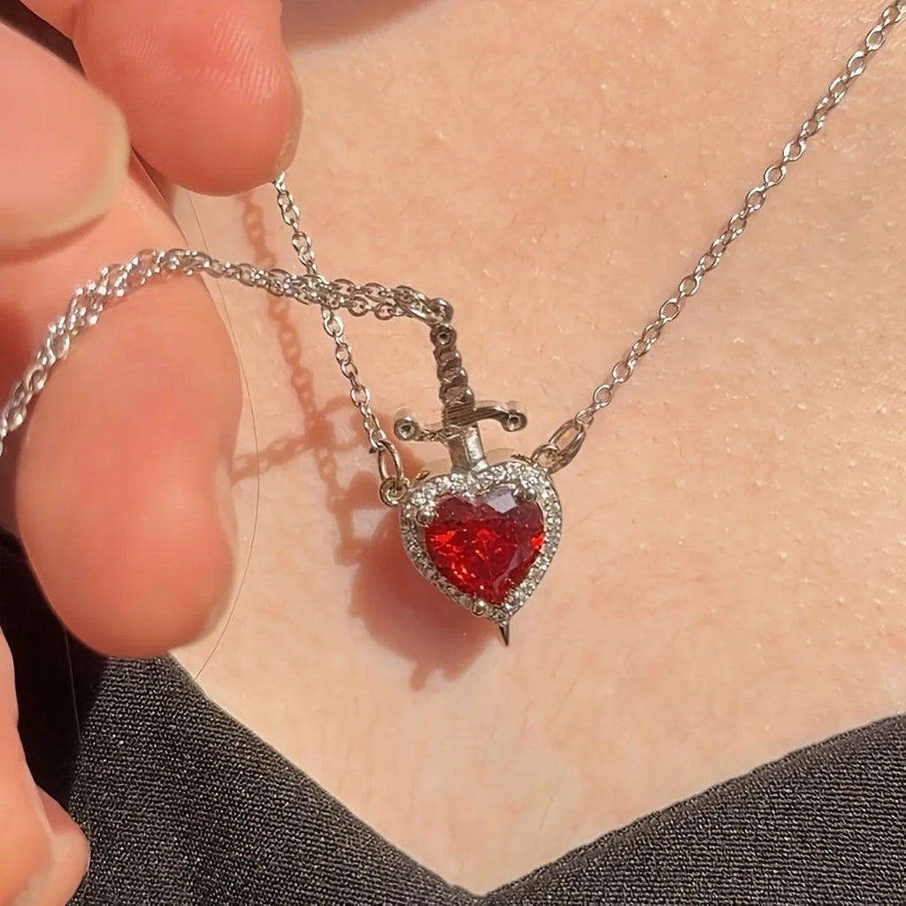 Heart and Sword Necklace Couple Necklaces Zircon Crystal Ring Bracelet Necklace Jewelry Set for Romantic Valentine's Day Gifts