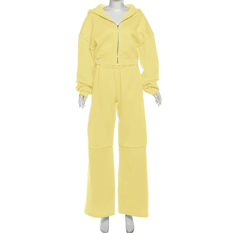 Autumn Winter Casual Hoodie Two Piece Set Women Trendy Sports Style Hooded Cardigan Wide Legs Trousers 2 Piece Sets Female New