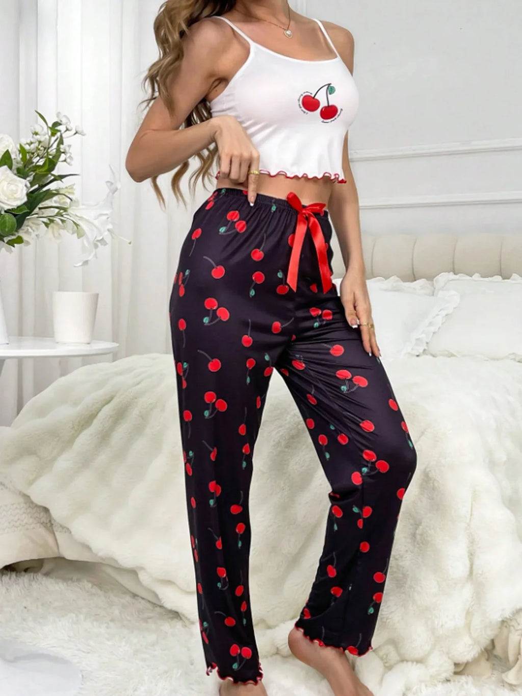Y2K Coquette Cherry Print Pajama Set Womens Cami Crop Top Pants Two Piece Sleepwear Loungewear Summer Spring Autumn Outfits