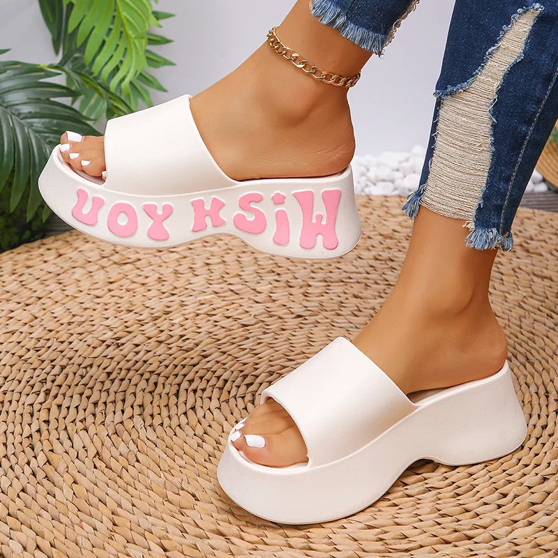 Fashion Letter Print Platform Slippers Women EVA Soft Thick Bottom Wedge Sandals for Woman Summer Non Slip Outdoor Beach Slides