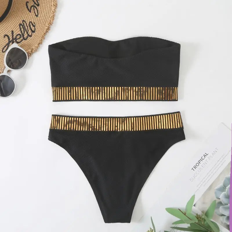 Bandeau Bikinis 2026 Women Black Swimsuit Sexy High Waist Swimwear Female Swimming Bathing Swim Suit Solid Beachwear Summer