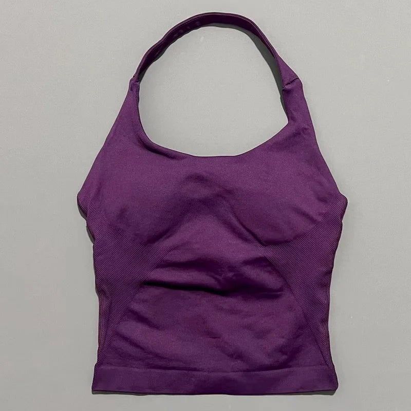 HISTELLO Impact Halter Top Women Backless Push Up Seamless High Support Bust Lift Slim Fit Gym Pilates Fitness Sports Vest