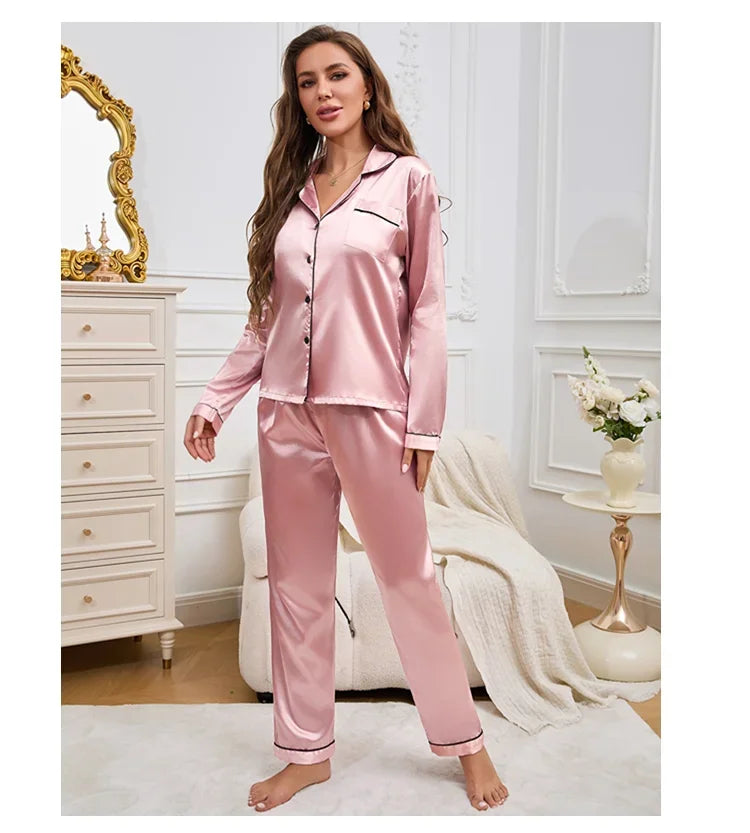2026 New Women's Pajamas Autumn Luxurious Satin Long Sleeve Pajama Set Elegant Lapel Collar Top Long Pants Sleepwear Loungewear