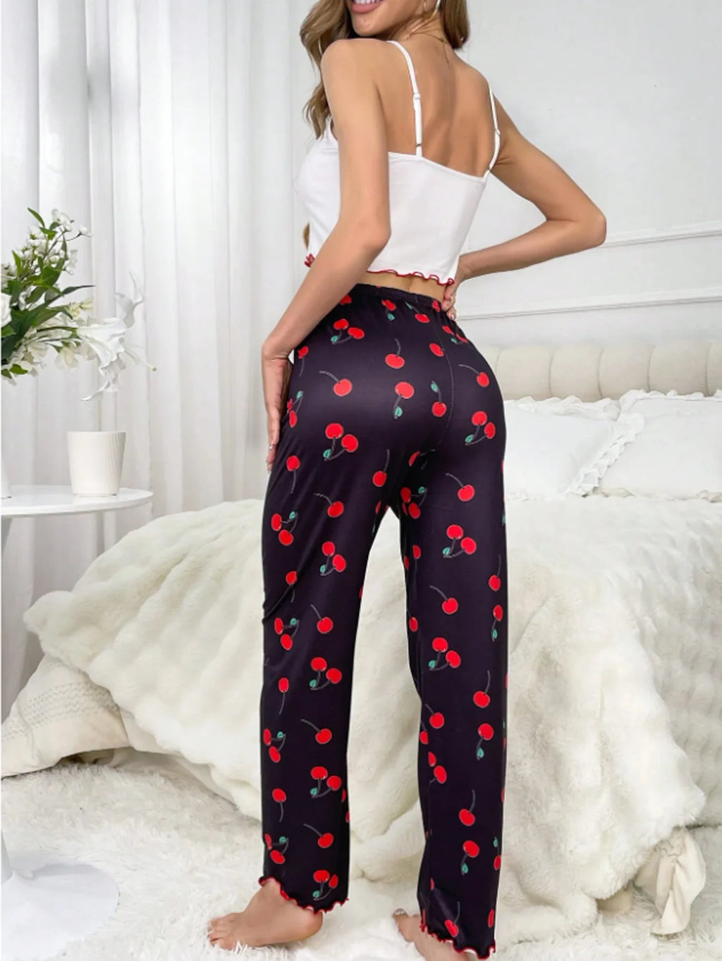 Y2K Coquette Cherry Print Pajama Set Womens Cami Crop Top Pants Two Piece Sleepwear Loungewear Summer Spring Autumn Outfits