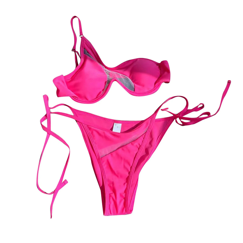 Sexy Mesh Patchwork Bikini Set Swimsuit For Women Underwire Push Up Swimwear One Shoulder Bathing Suit Seaside Bather Beachwear