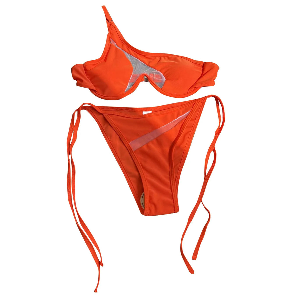Sexy Mesh Patchwork Bikini Set Swimsuit For Women Underwire Push Up Swimwear One Shoulder Bathing Suit Seaside Bather Beachwear