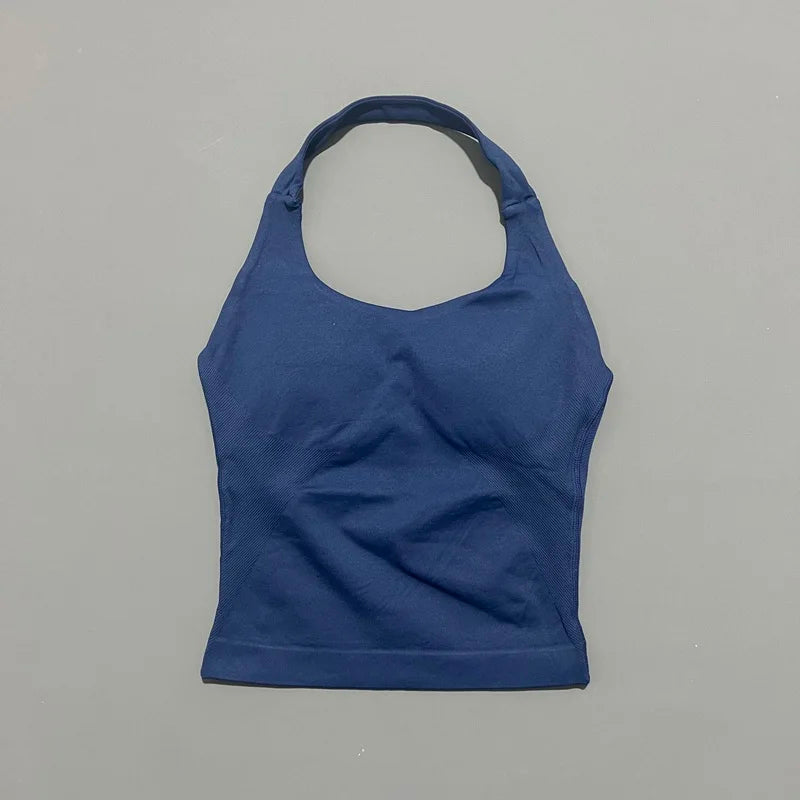 HISTELLO Impact Halter Top Women Backless Push Up Seamless High Support Bust Lift Slim Fit Gym Pilates Fitness Sports Vest