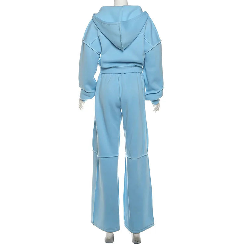 Autumn Winter Casual Hoodie Two Piece Set Women Trendy Sports Style Hooded Cardigan Wide Legs Trousers 2 Piece Sets Female New