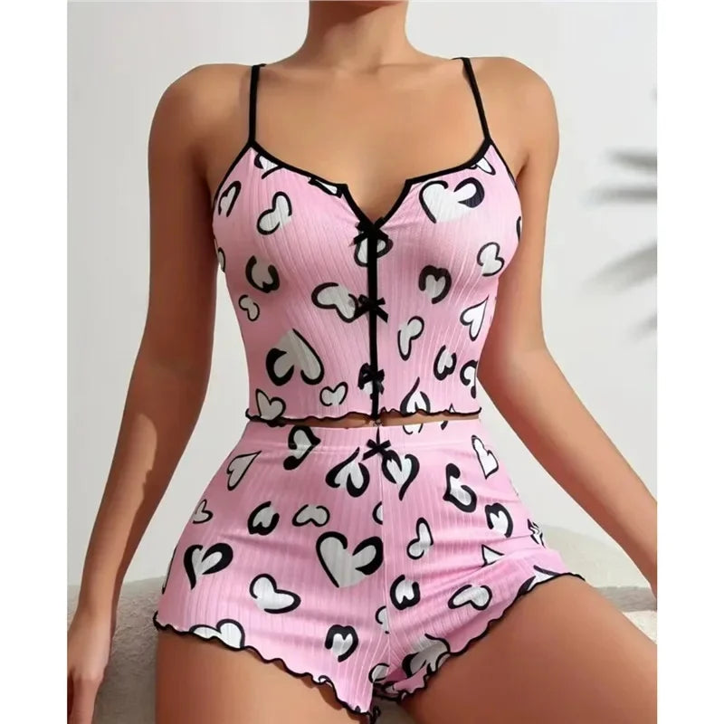 New Hot Sale Of The Season Heart Print Color Block Sleepwear Set with Front Slit Strap Design Comfortable Spandex Nightgown Wome
