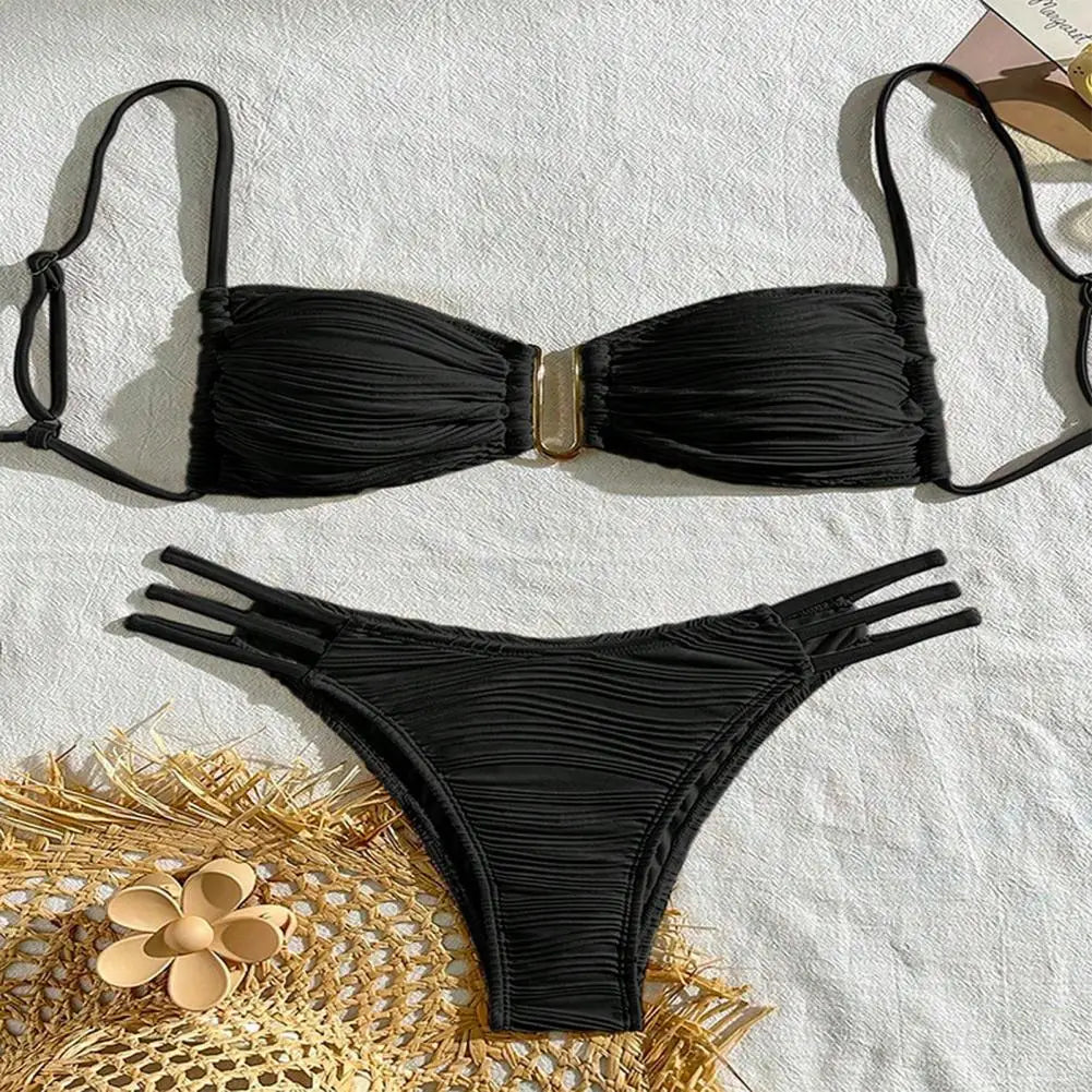 2Pcs/Set Women Split Swimsuit Bikini Set Sling Bandeau Padded Bra Wrinkle Texture Briefs Set Fashion Sexy Beachwear