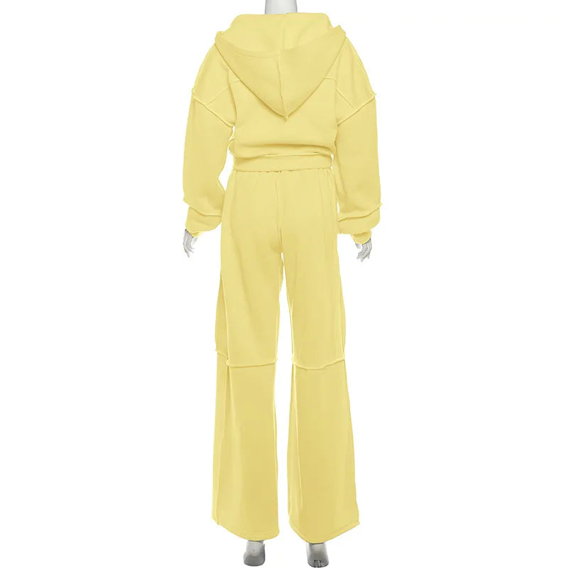 Autumn Winter Casual Hoodie Two Piece Set Women Trendy Sports Style Hooded Cardigan Wide Legs Trousers 2 Piece Sets Female New