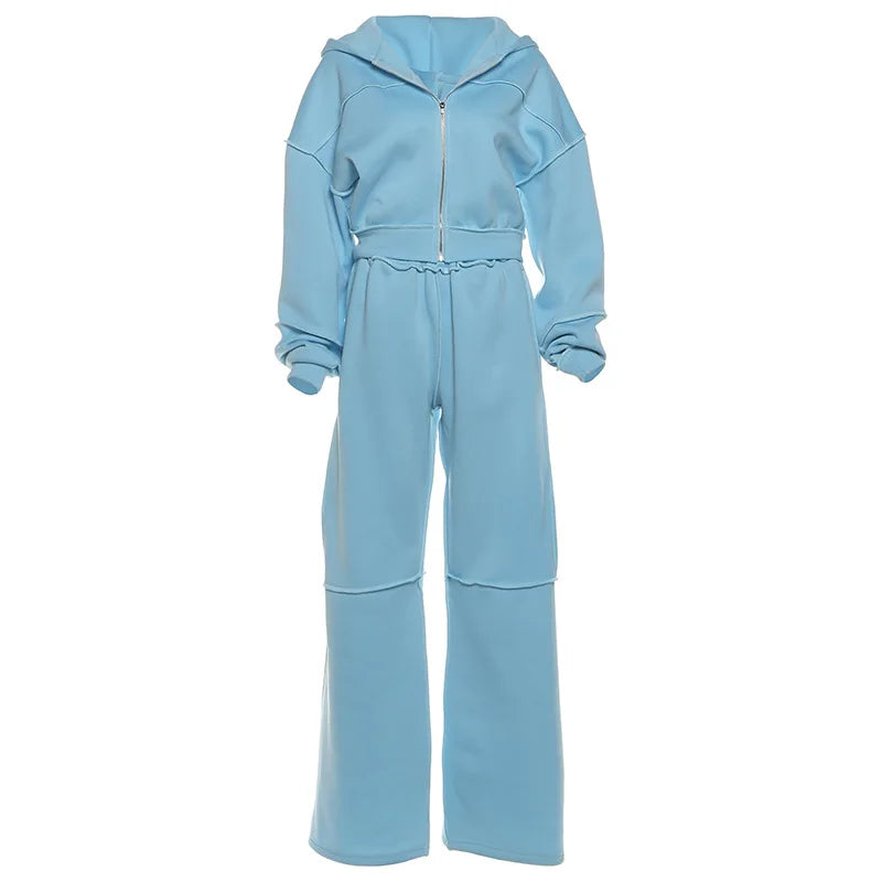 Autumn Winter Casual Hoodie Two Piece Set Women Trendy Sports Style Hooded Cardigan Wide Legs Trousers 2 Piece Sets Female New