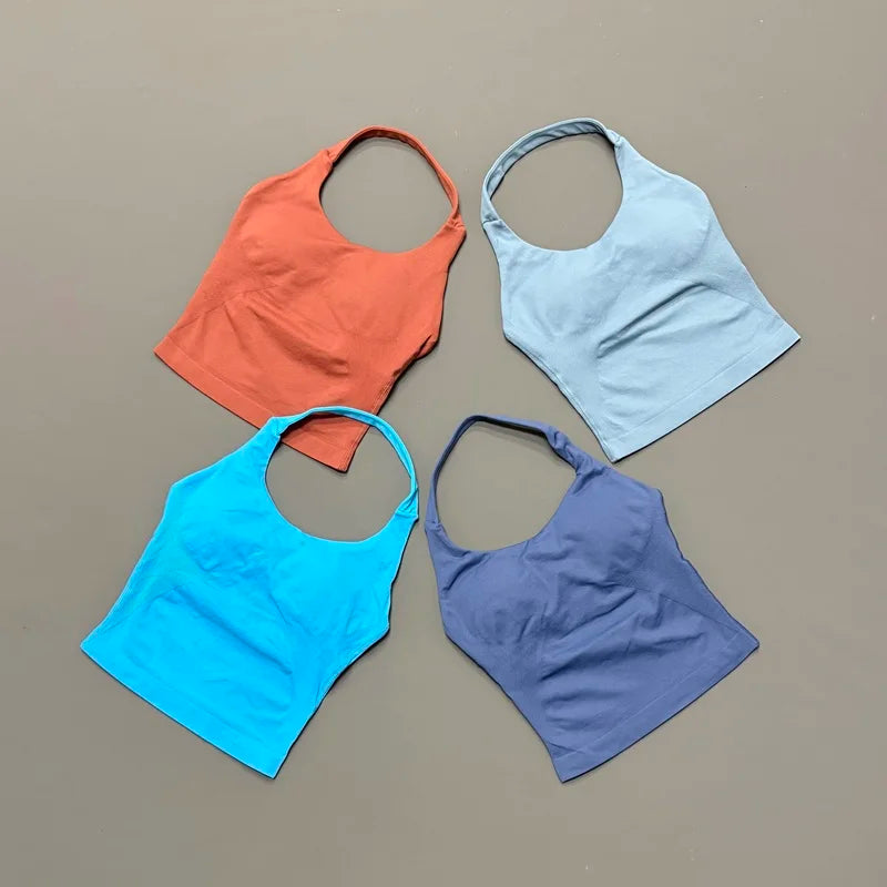 HISTELLO Impact Halter Top Women Backless Push Up Seamless High Support Bust Lift Slim Fit Gym Pilates Fitness Sports Vest