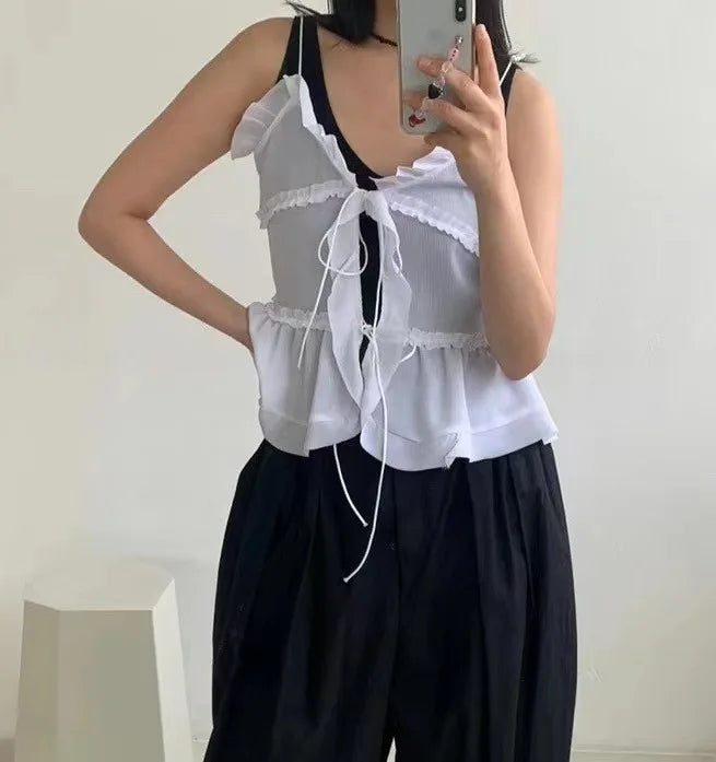 Cryptographic Summer Sleeveless Chiffon Tie Detail Cami Tops Slim Y2K Rave Festival Frill Hem Backless Sheer Sexy Cropped Tops