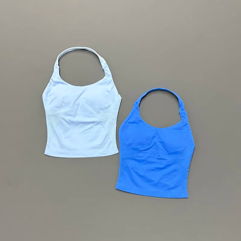HISTELLO Impact Halter Top Women Backless Push Up Seamless High Support Bust Lift Slim Fit Gym Pilates Fitness Sports Vest