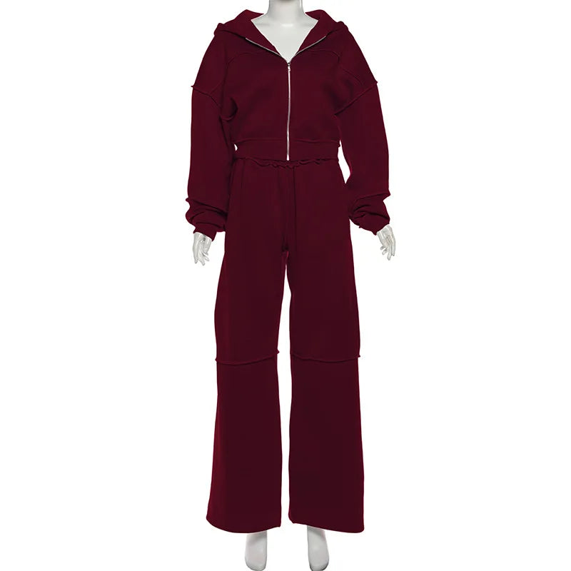 Autumn Winter Casual Hoodie Two Piece Set Women Trendy Sports Style Hooded Cardigan Wide Legs Trousers 2 Piece Sets Female New