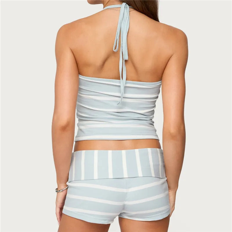 Women Y2K 2 Piece Pajamas Set Striped Print Crop Halter Neck Tops and Folded Waist Shorts for Loungewear Soft Sleepwear