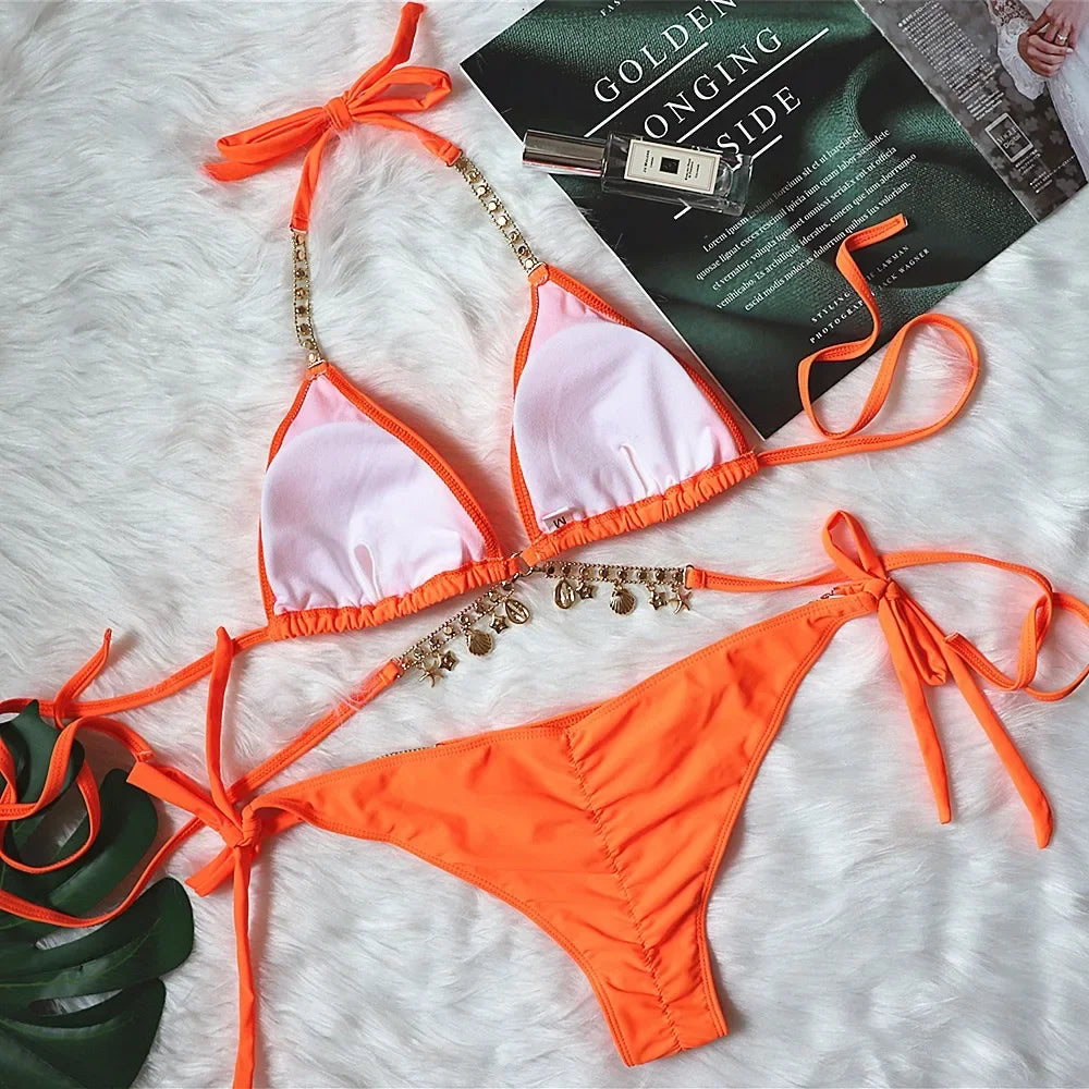 Sexy Luxury Bikini 2022 Women Crystal Rhinestones Push Up Micro Swimsuit Neon Orange Metal Chain Diamond High Cut Thong Swimwear