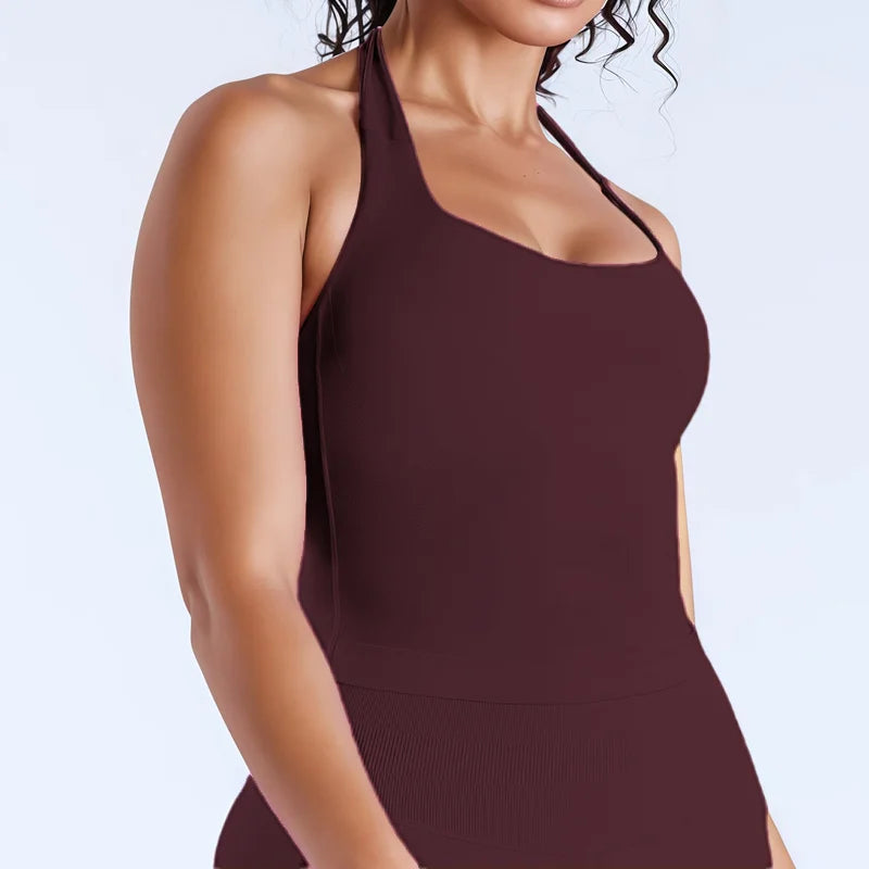 HISTELLO Impact Halter Top Women Backless Push Up Seamless High Support Bust Lift Slim Fit Gym Pilates Fitness Sports Vest