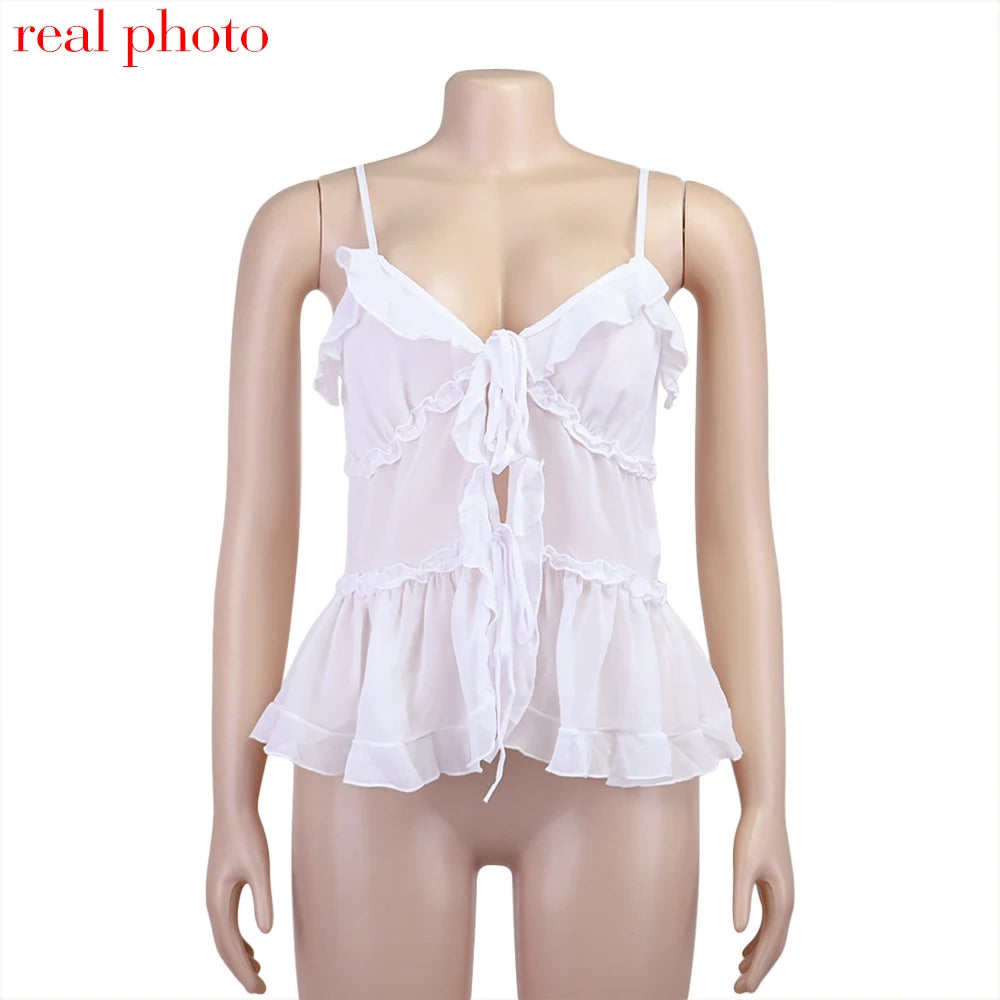 Cryptographic Summer Sleeveless Chiffon Tie Detail Cami Tops Slim Y2K Rave Festival Frill Hem Backless Sheer Sexy Cropped Tops