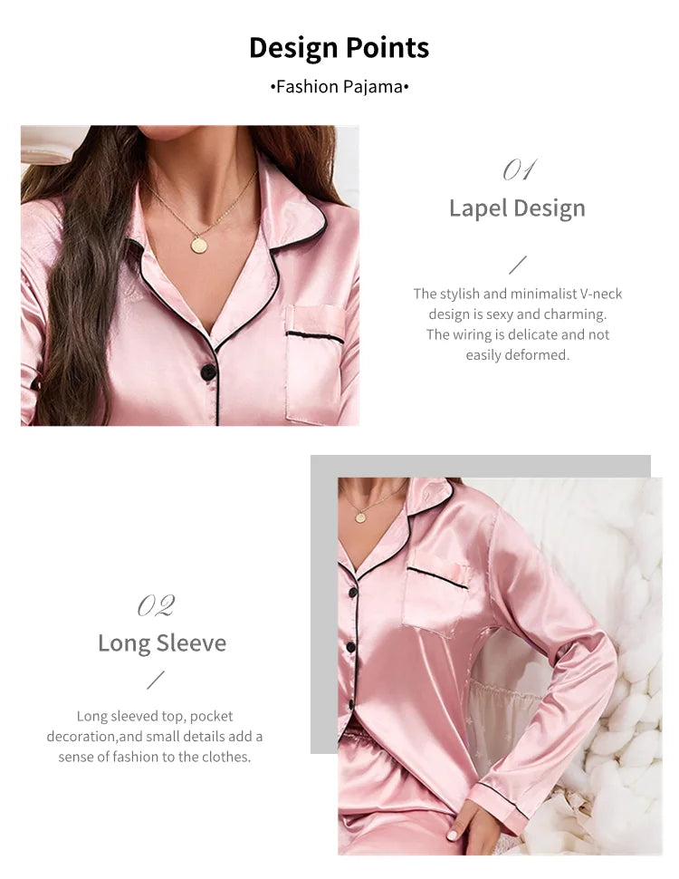 2026 New Women's Pajamas Autumn Luxurious Satin Long Sleeve Pajama Set Elegant Lapel Collar Top Long Pants Sleepwear Loungewear