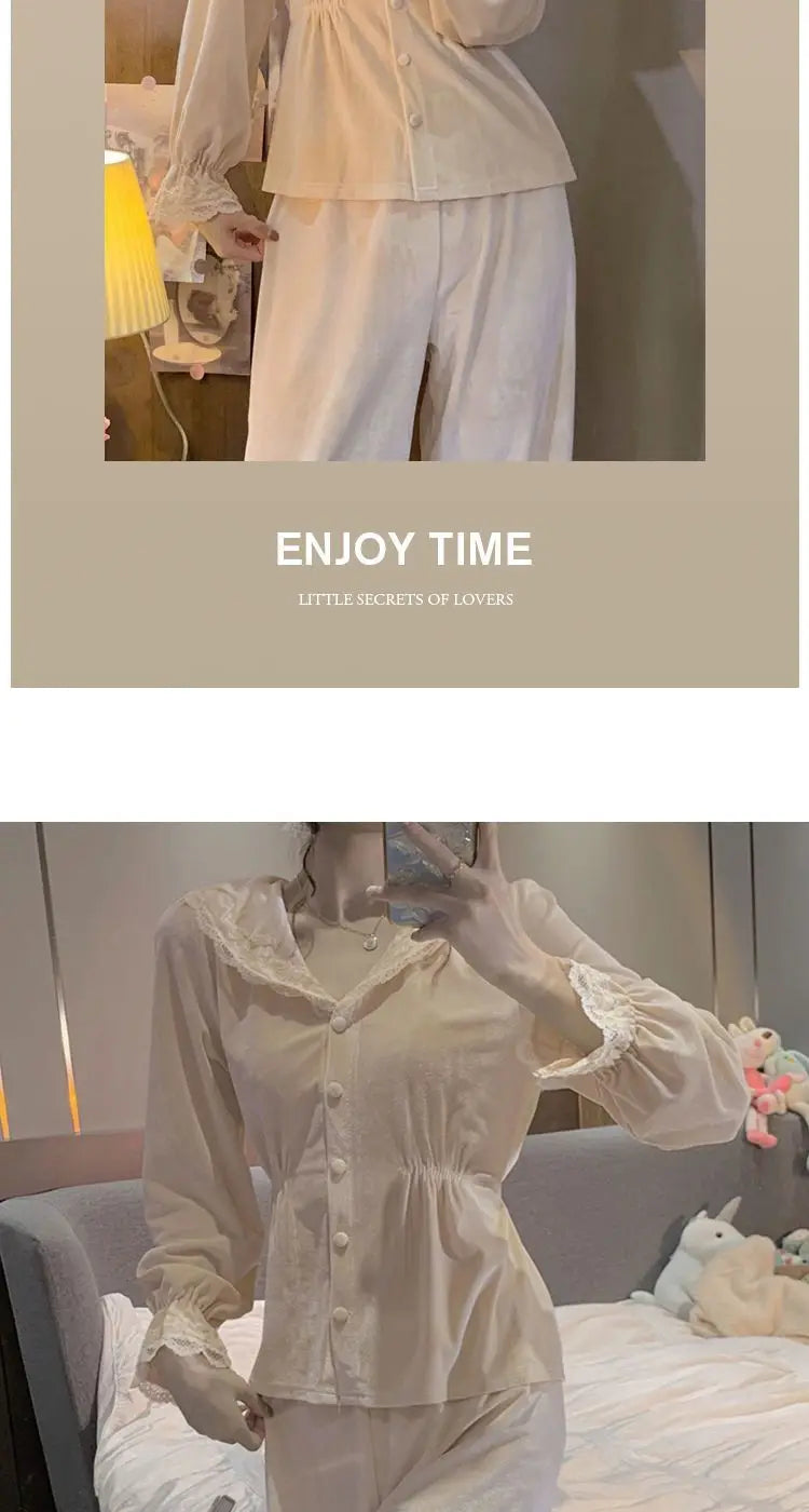 Velvet Pajama Sets Women Sweet Lace Aesthetic Chic Sleepwear Retro French Style Elegant Feminine Autumn Winter Cozy Home Pajamas