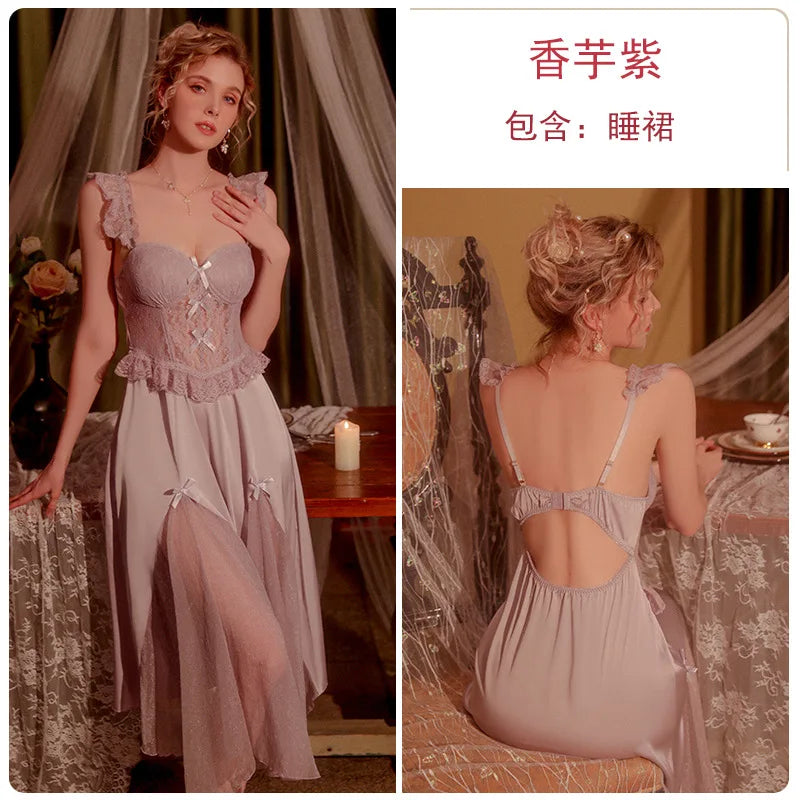 White Perspective Female Robe Set Lace Kimono Nightdress Sleepwear Summer Bathrobe Nightgown Suit Women Mesh Home Wear Clothing