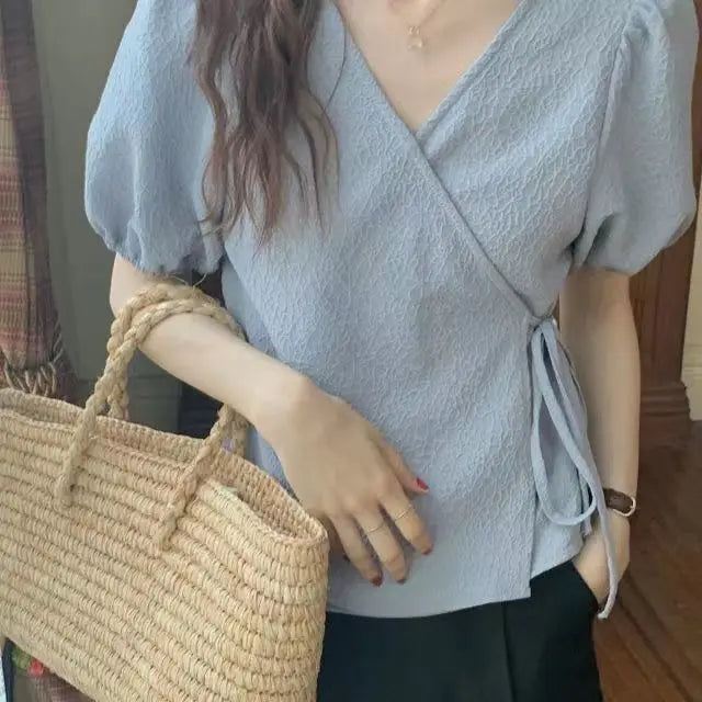 Blouses Women Summer Korean Style V-neck Design Simple Puff Sleeve Leisure Lace-up All-match Vintage Elegant Daily Trendy Tops