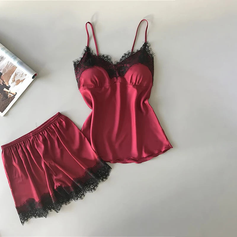 Sexy Lace Pajamas Suit Women V-Neck Sleepwear Lingerie Casual Nightwear
