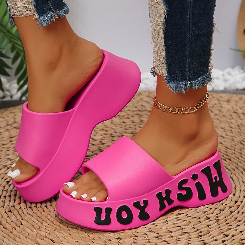 Fashion Letter Print Platform Slippers Women EVA Soft Thick Bottom Wedge Sandals for Woman Summer Non Slip Outdoor Beach Slides