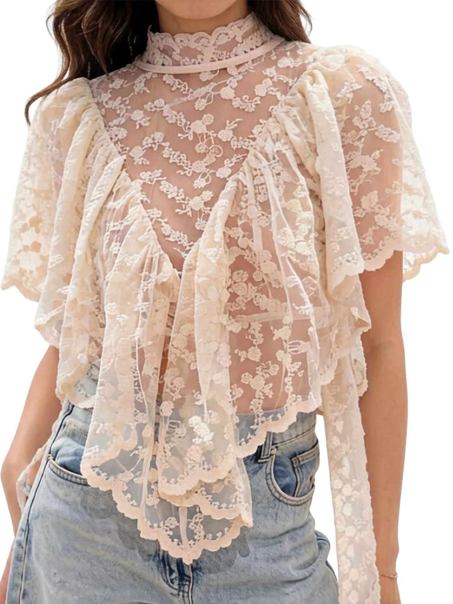 Women Y2K Fairy Mesh See Through Casual High Neck Looseshawls Floral Lace Embroidery Shawl Tops Asymmetrical Streetwear